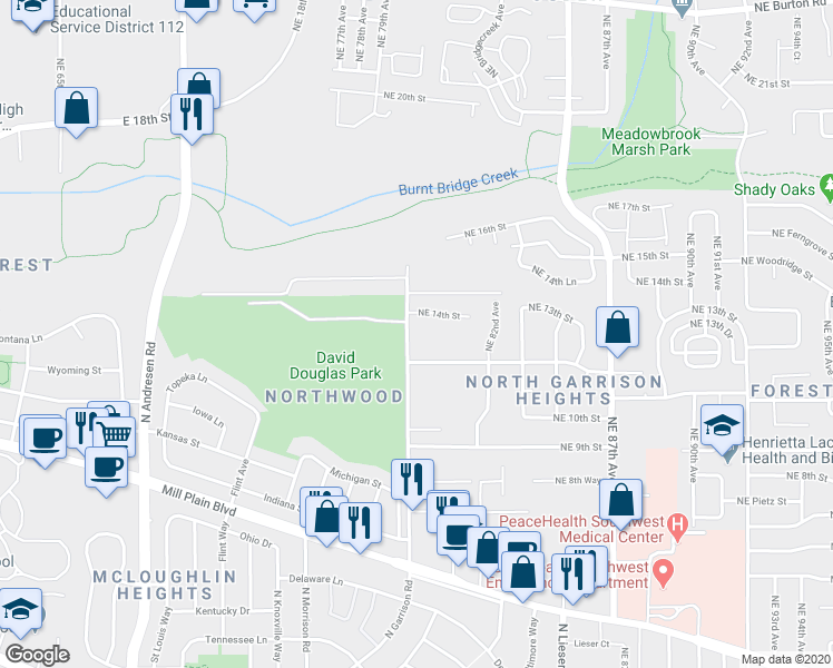 map of restaurants, bars, coffee shops, grocery stores, and more near 7821 Northeast 14th Street in Vancouver