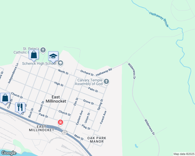 map of restaurants, bars, coffee shops, grocery stores, and more near 10 Hathaway Road in East Millinocket