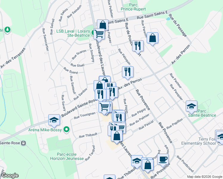 map of restaurants, bars, coffee shops, grocery stores, and more near in Laval
