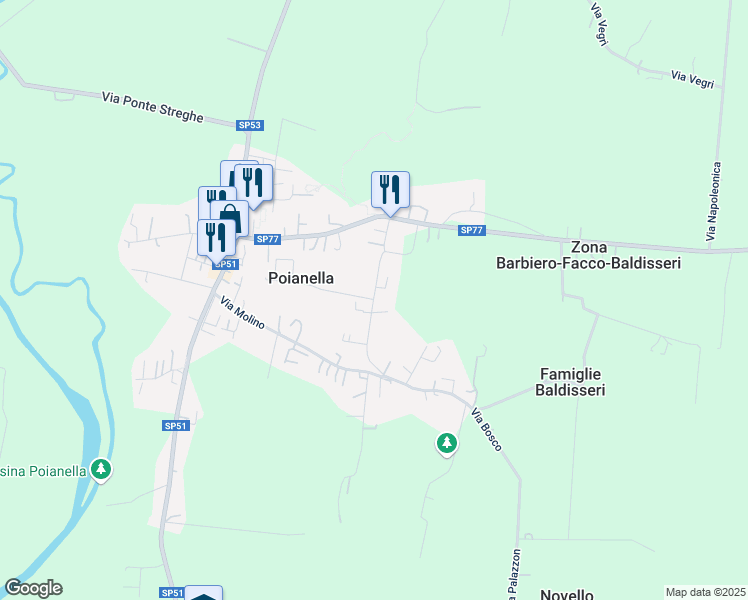 map of restaurants, bars, coffee shops, grocery stores, and more near 33 Via Caffo in Poianella