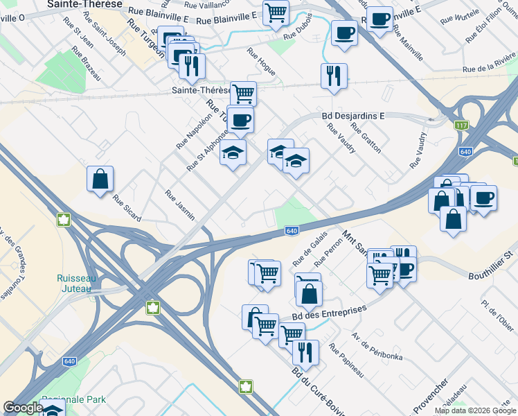 map of restaurants, bars, coffee shops, grocery stores, and more near 70 Rue Saint Philippe in Sainte-Thérèse
