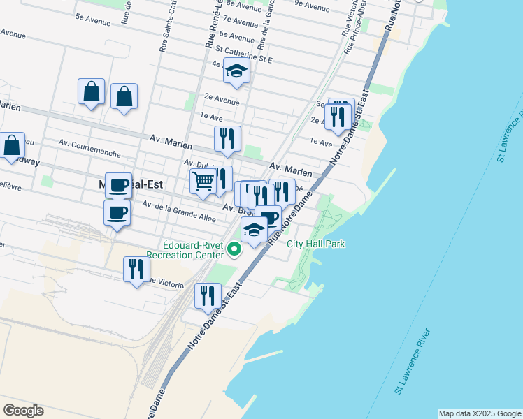 map of restaurants, bars, coffee shops, grocery stores, and more near in Montréal-Est
