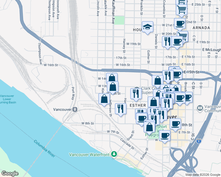 map of restaurants, bars, coffee shops, grocery stores, and more near 1212 Jefferson Street in Vancouver