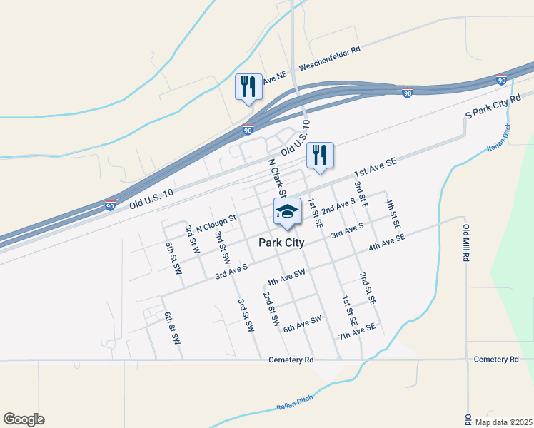 map of restaurants, bars, coffee shops, grocery stores, and more near 1st Avenue South in Park City