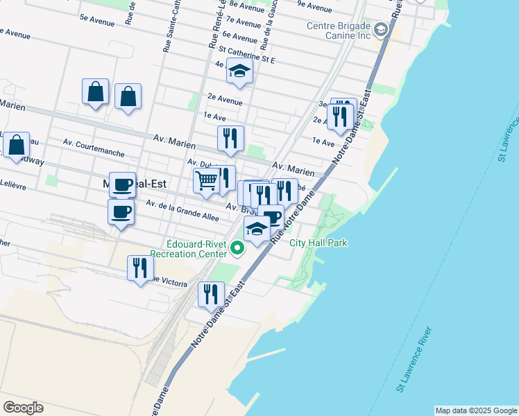 map of restaurants, bars, coffee shops, grocery stores, and more near in Montréal-Est
