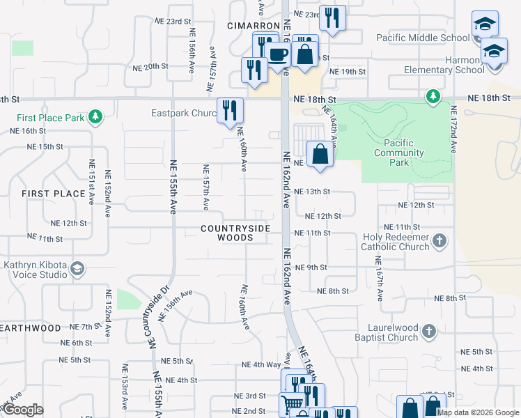map of restaurants, bars, coffee shops, grocery stores, and more near 16011 Northeast 13th Circle in Vancouver