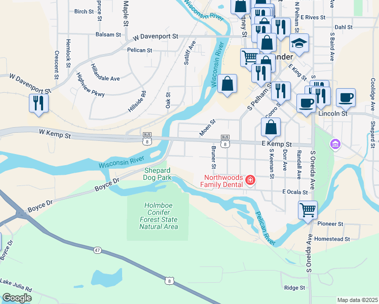 map of restaurants, bars, coffee shops, grocery stores, and more near 708 Bruns Drive in Rhinelander