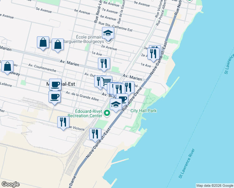 map of restaurants, bars, coffee shops, grocery stores, and more near 37 Avenue Broadway in Montréal-Est