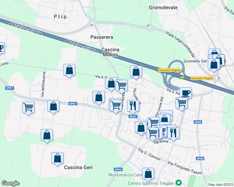 map of restaurants, bars, coffee shops, grocery stores, and more near 8A Via Passerera in Telgate