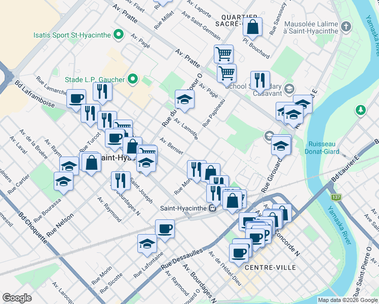 map of restaurants, bars, coffee shops, grocery stores, and more near 1175 Rue Papineau in Saint-Hyacinthe
