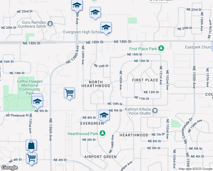 map of restaurants, bars, coffee shops, grocery stores, and more near 14212 Northeast 13th Street in Vancouver