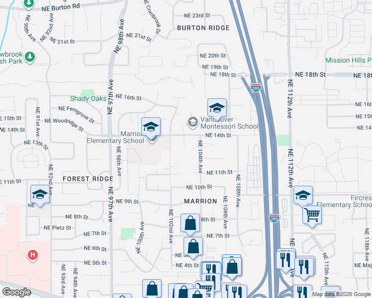 map of restaurants, bars, coffee shops, grocery stores, and more near 1221 Northeast 103rd Court in Vancouver