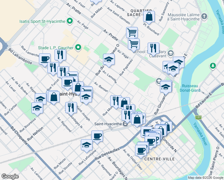 map of restaurants, bars, coffee shops, grocery stores, and more near 1175 Rue Papineau in Saint-Hyacinthe