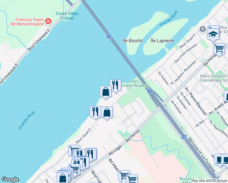 map of restaurants, bars, coffee shops, grocery stores, and more near 7075 Boulevard Gouin Est in Montréal