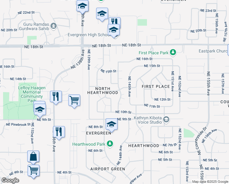 map of restaurants, bars, coffee shops, grocery stores, and more near 14212 Northeast 13th Street in Vancouver
