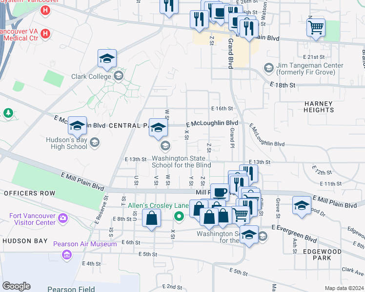 map of restaurants, bars, coffee shops, grocery stores, and more near 1332 X Street in Vancouver