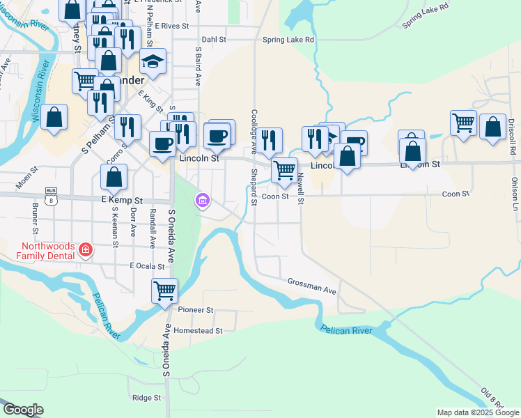 map of restaurants, bars, coffee shops, grocery stores, and more near 612 Coon Street in Rhinelander