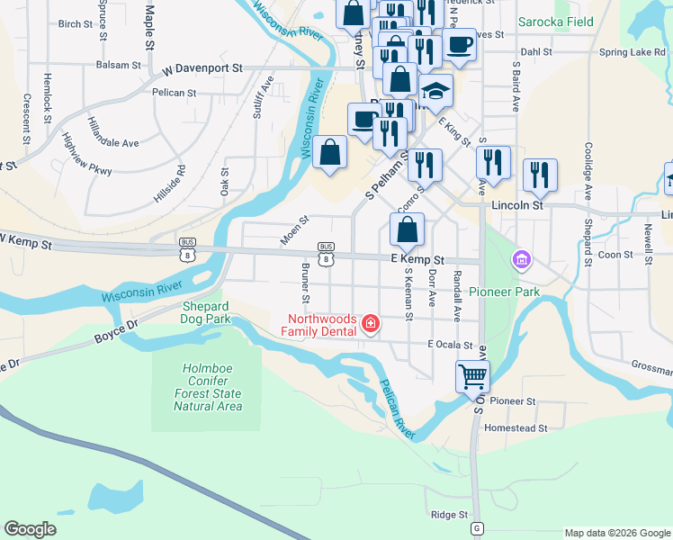 map of restaurants, bars, coffee shops, grocery stores, and more near 704 Arbutus Street in Rhinelander