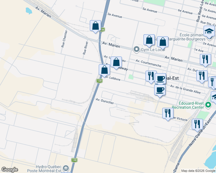 map of restaurants, bars, coffee shops, grocery stores, and more near 11000 Rue Sherbrooke Est in Montréal-Est