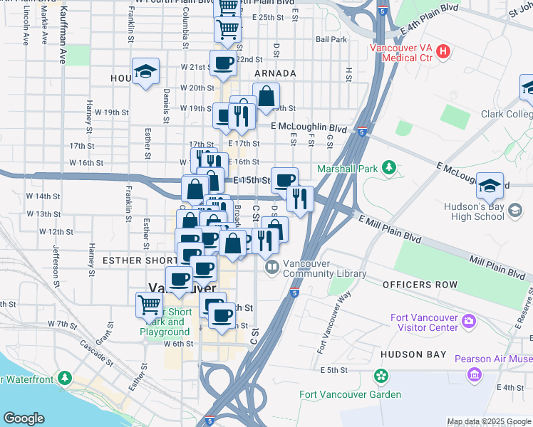 map of restaurants, bars, coffee shops, grocery stores, and more near 305 East Mill Plain Boulevard in Vancouver