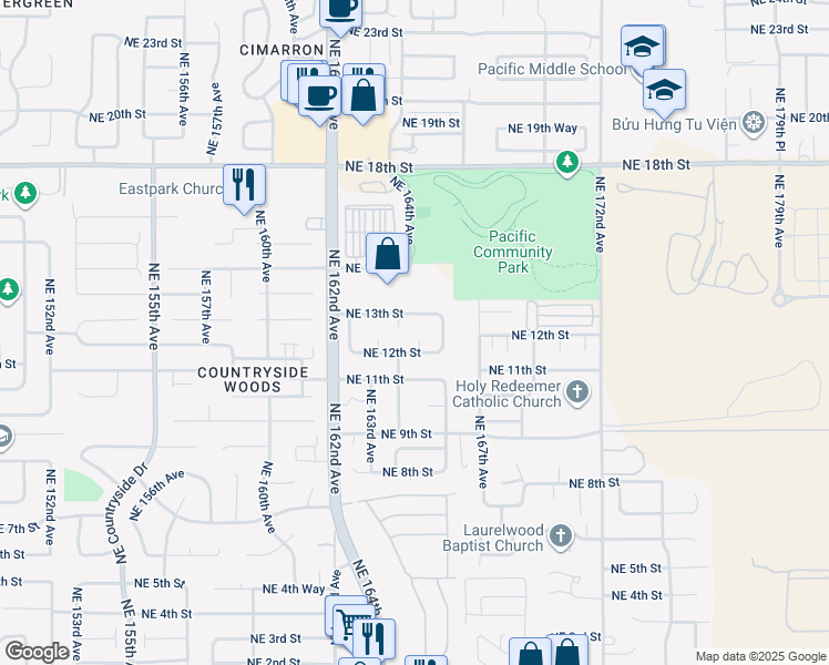 map of restaurants, bars, coffee shops, grocery stores, and more near 1208 Northeast 165th Court in Vancouver