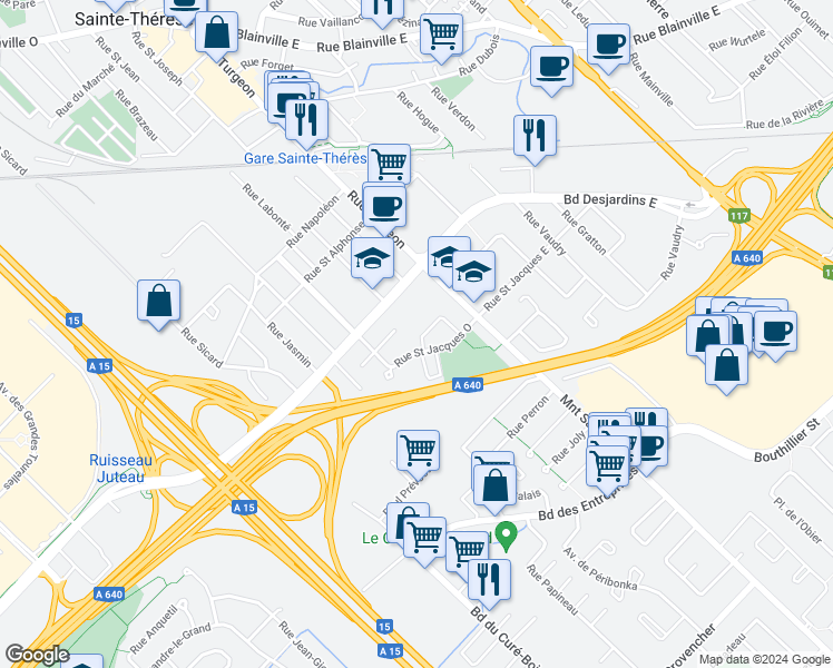 map of restaurants, bars, coffee shops, grocery stores, and more near 62 Rue Saint Philippe in Sainte-Thérèse