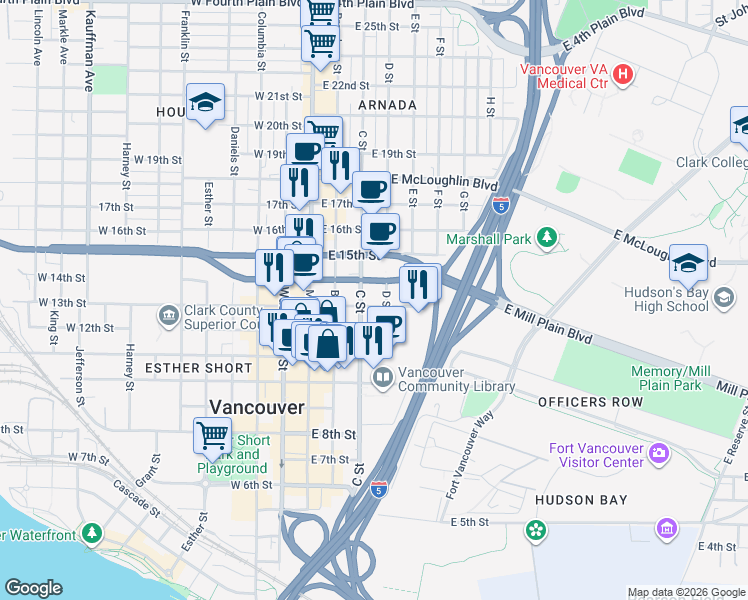 map of restaurants, bars, coffee shops, grocery stores, and more near 305 East Mill Plain Boulevard in Vancouver