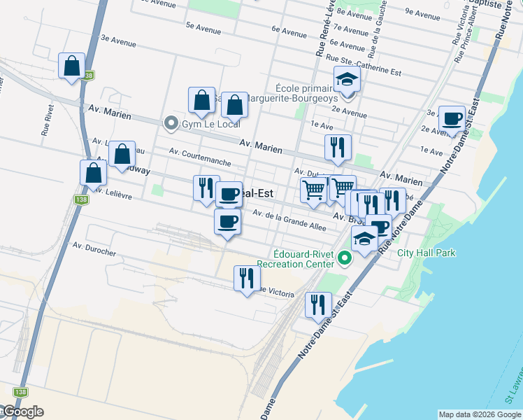 map of restaurants, bars, coffee shops, grocery stores, and more near Avenue de la Grande Allee in Montréal-Est