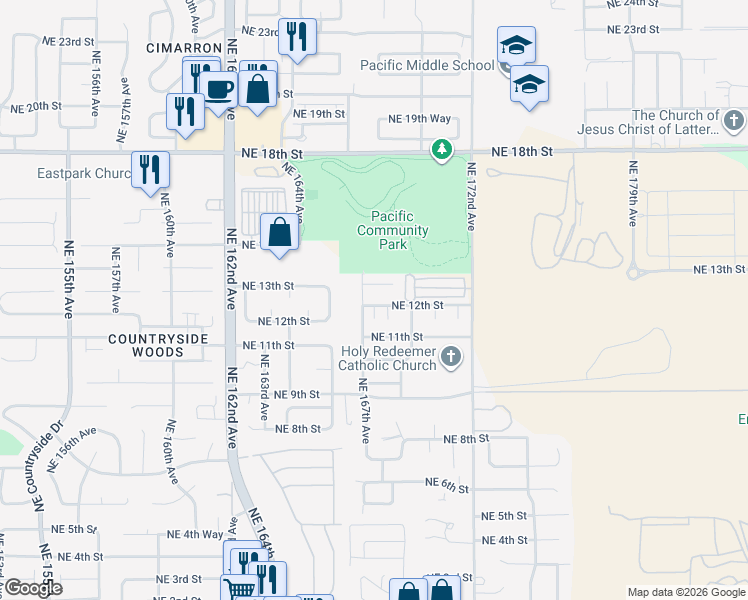 map of restaurants, bars, coffee shops, grocery stores, and more near 16704 Northeast 12th Street in Vancouver
