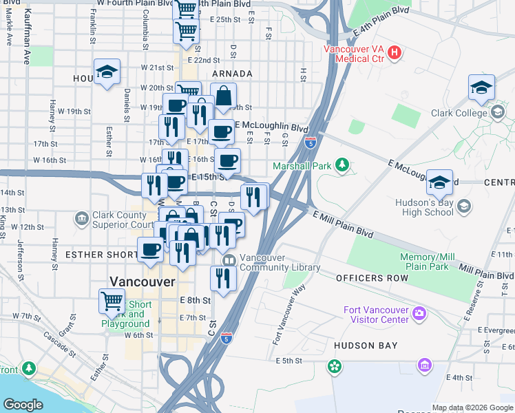 map of restaurants, bars, coffee shops, grocery stores, and more near 501 E Street in Vancouver