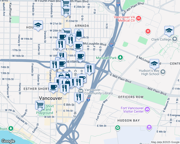 map of restaurants, bars, coffee shops, grocery stores, and more near 501 E Street in Vancouver