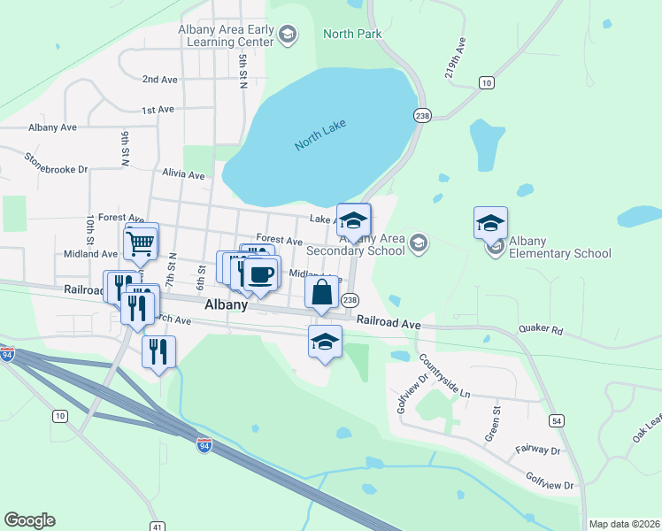 map of restaurants, bars, coffee shops, grocery stores, and more near 100 Forest Avenue in Albany