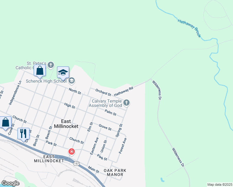 map of restaurants, bars, coffee shops, grocery stores, and more near 10 Hathaway Road in East Millinocket