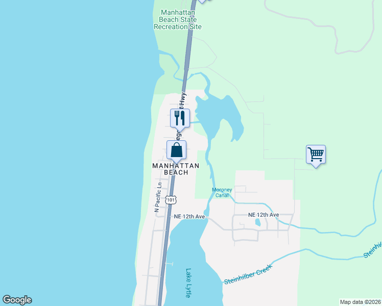 map of restaurants, bars, coffee shops, grocery stores, and more near 170 Northeast 19th Avenue in Rockaway Beach