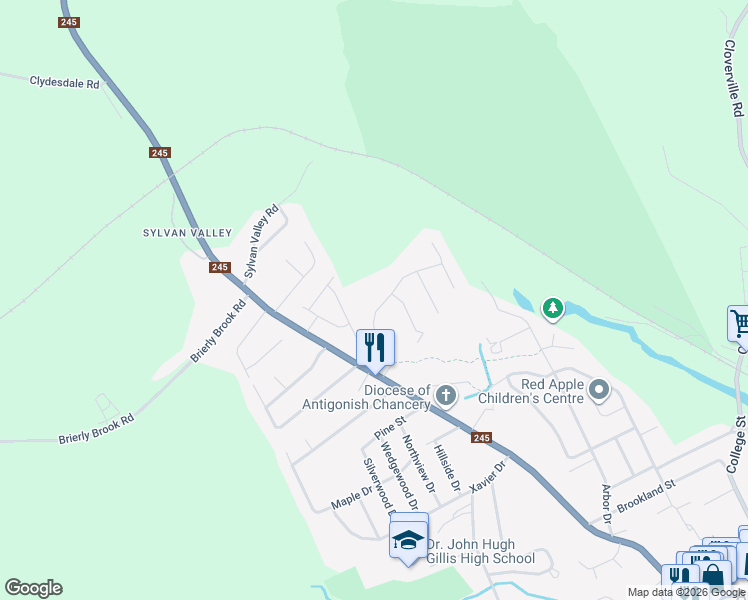 map of restaurants, bars, coffee shops, grocery stores, and more near 17 Vincent Way in Antigonish