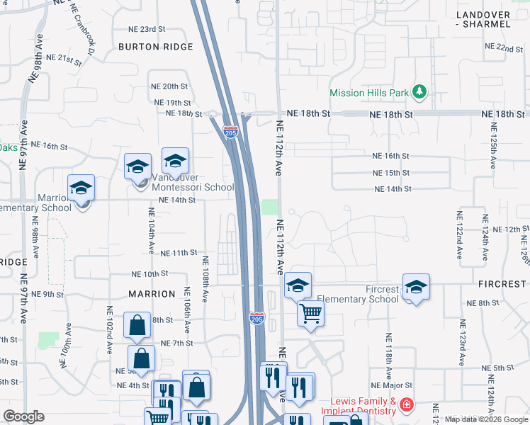 map of restaurants, bars, coffee shops, grocery stores, and more near 11105 Northeast 14th Street in Vancouver
