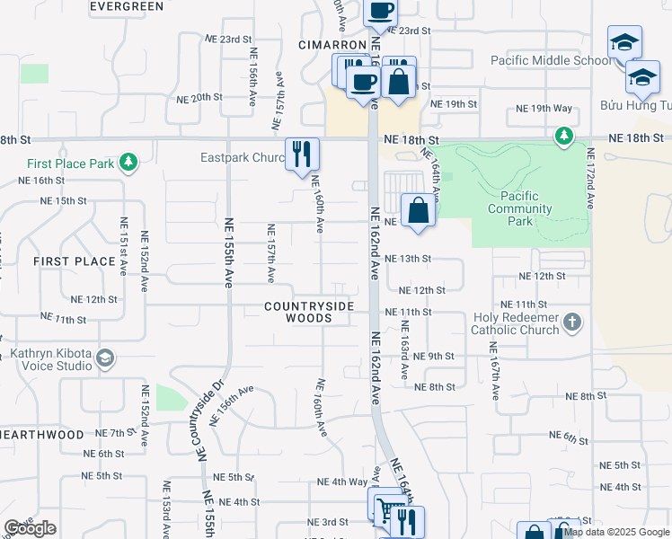 map of restaurants, bars, coffee shops, grocery stores, and more near 16011 Northeast 13th Circle in Vancouver
