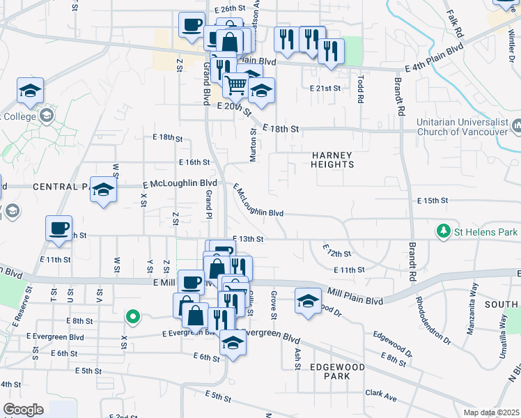 map of restaurants, bars, coffee shops, grocery stores, and more near 3100 East McLoughlin Boulevard in Vancouver