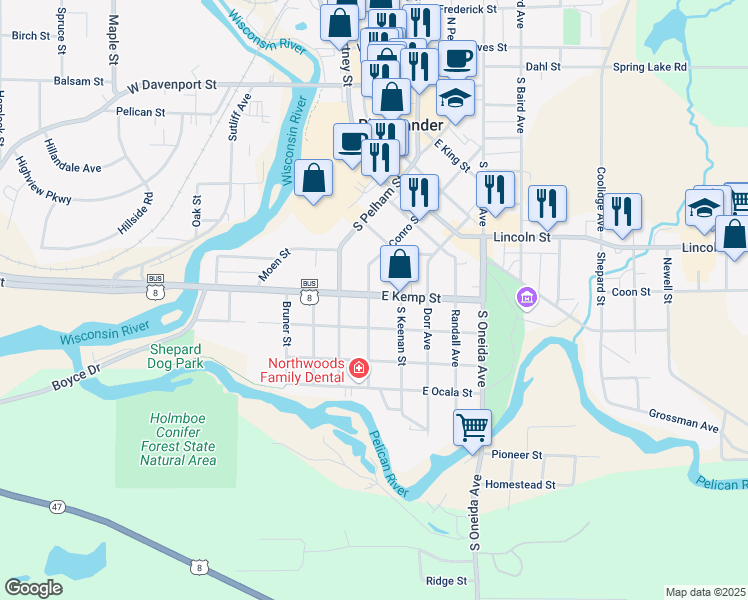 map of restaurants, bars, coffee shops, grocery stores, and more near 703 Margaret Street in Rhinelander