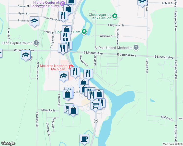 map of restaurants, bars, coffee shops, grocery stores, and more near 186 Riverside Dr in Cheboygan