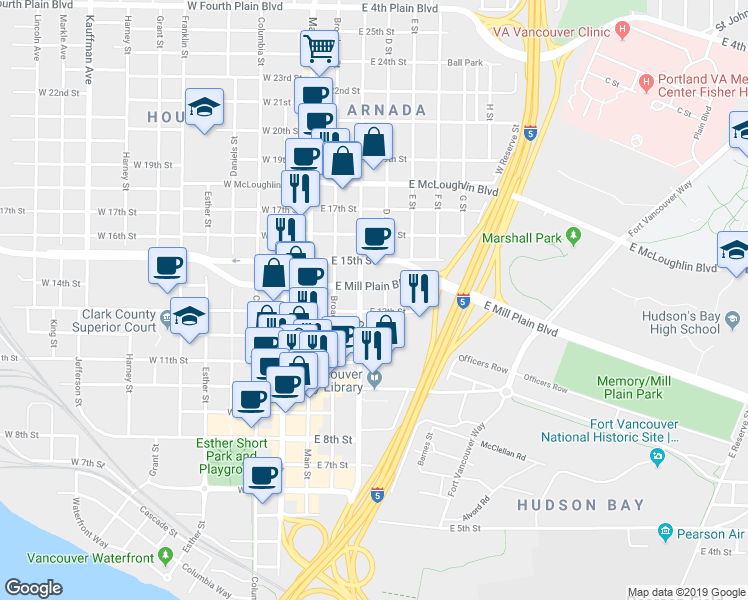 map of restaurants, bars, coffee shops, grocery stores, and more near 305 East Mill Plain Boulevard in Vancouver