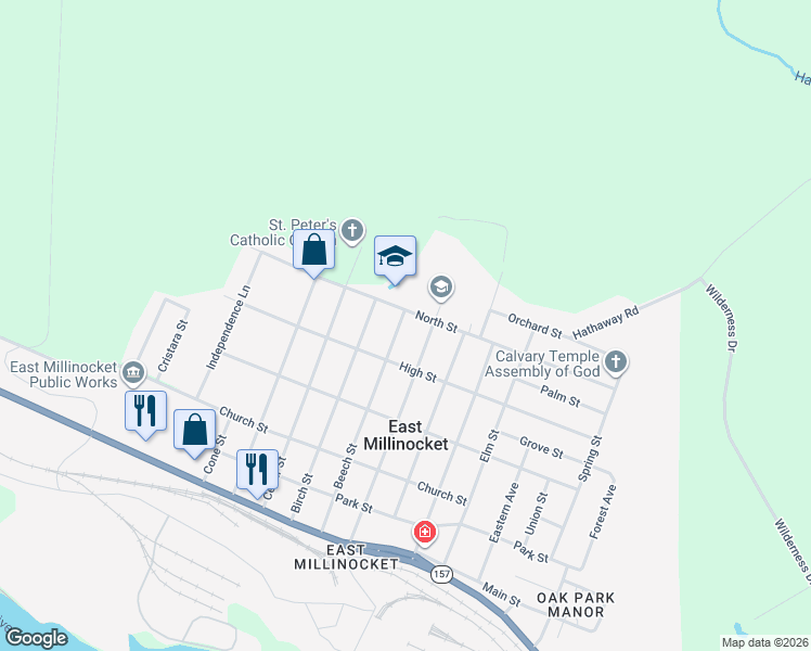 map of restaurants, bars, coffee shops, grocery stores, and more near 47 Beech Street in East Millinocket