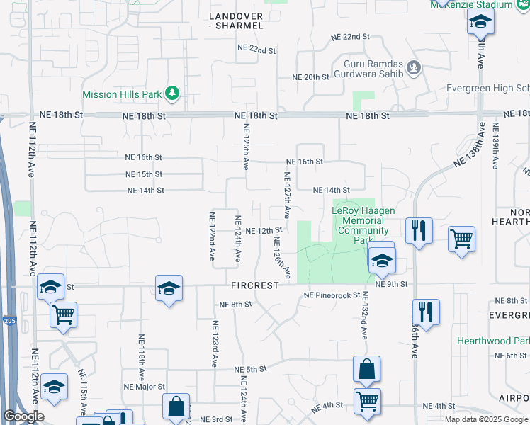 map of restaurants, bars, coffee shops, grocery stores, and more near 1221 Northeast 125th Avenue in Vancouver