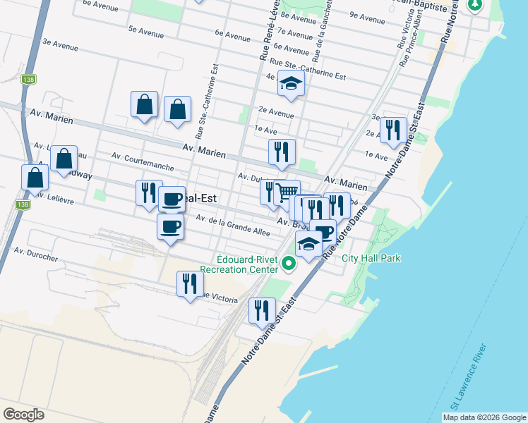 map of restaurants, bars, coffee shops, grocery stores, and more near 61 Avenue Broadway in Montréal-Est
