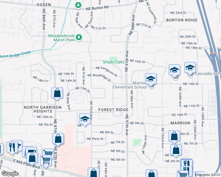 map of restaurants, bars, coffee shops, grocery stores, and more near 1308 Northeast 95th Avenue in Vancouver