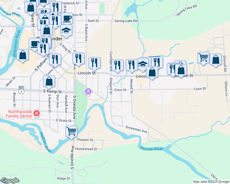 map of restaurants, bars, coffee shops, grocery stores, and more near 612 Coon Street in Rhinelander