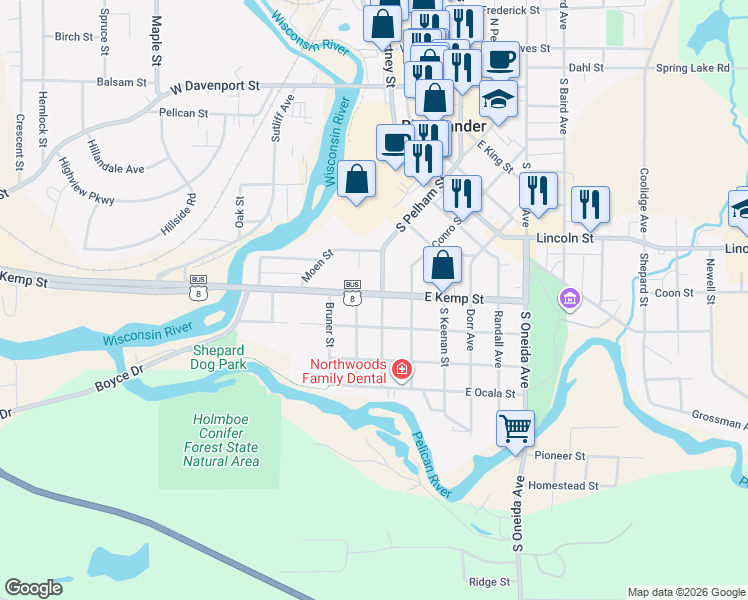 map of restaurants, bars, coffee shops, grocery stores, and more near 704 Arbutus Street in Rhinelander