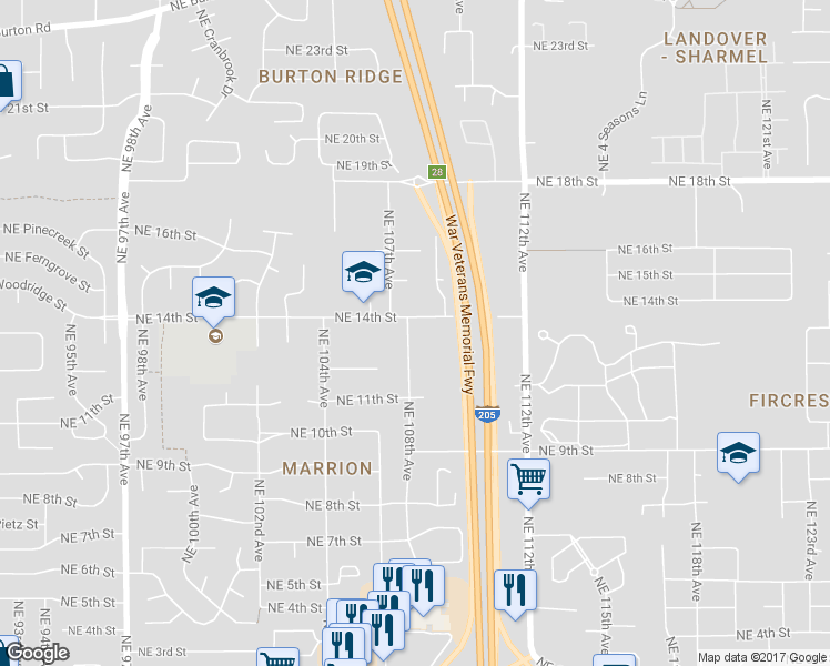 map of restaurants, bars, coffee shops, grocery stores, and more near 1305 Northeast 108th Avenue in Vancouver
