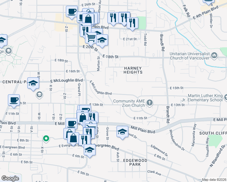 map of restaurants, bars, coffee shops, grocery stores, and more near 3204 East McLoughlin Boulevard in Vancouver