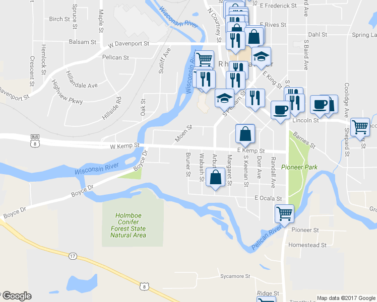 map of restaurants, bars, coffee shops, grocery stores, and more near 721 Bruner Street in Rhinelander